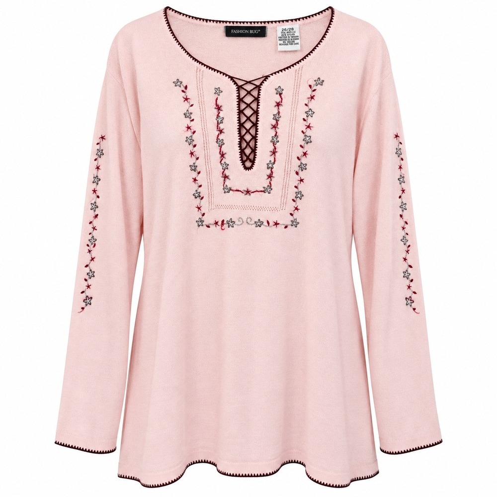 Vintage Y2K Fashion Bug 26/28 Pink Embroidered Lace Up Fairycore Boho Top